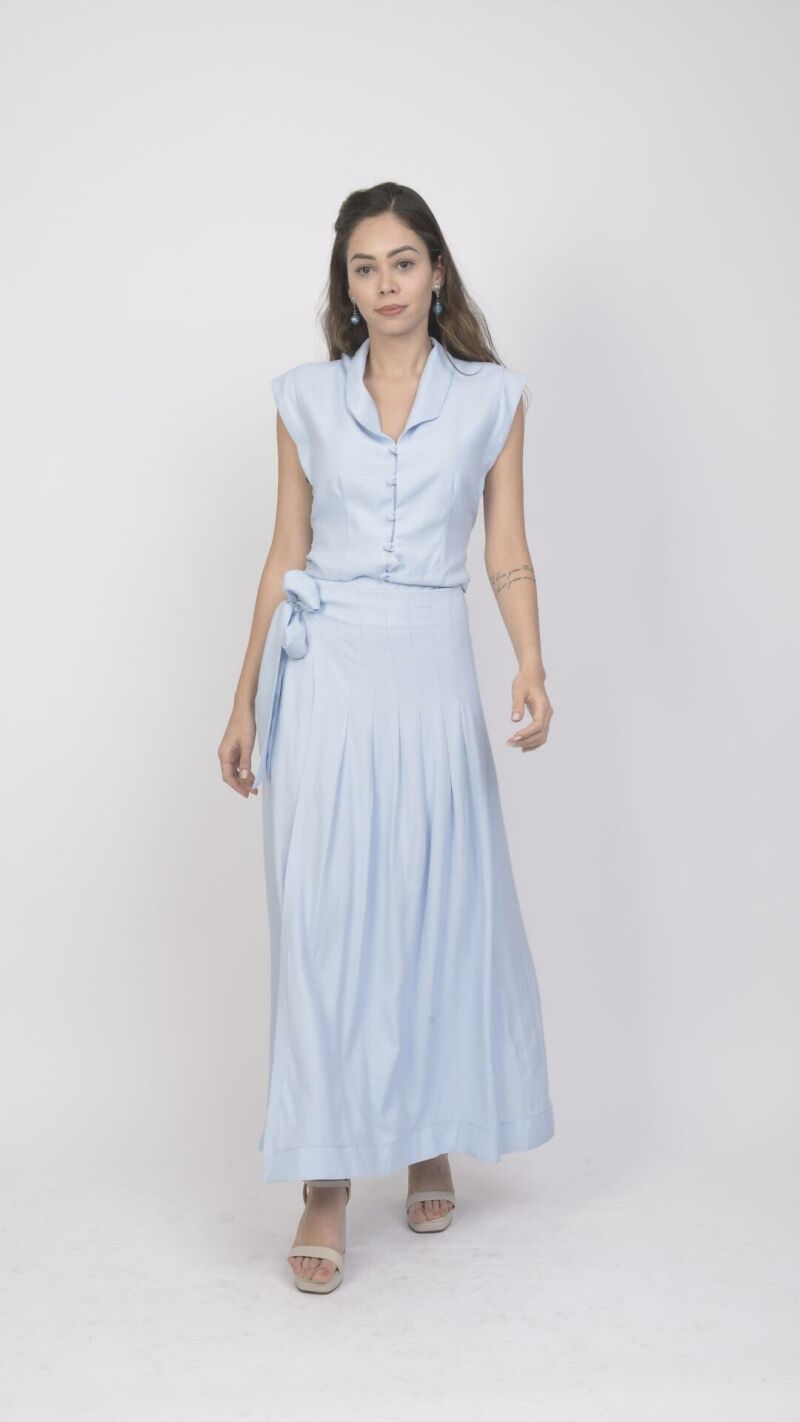 Imagem de Saia Azul Longa Alfaiataria em Viscolinho com Laço e Zíper Lateral: Elegância e Sofisticação para Eventos Especiais